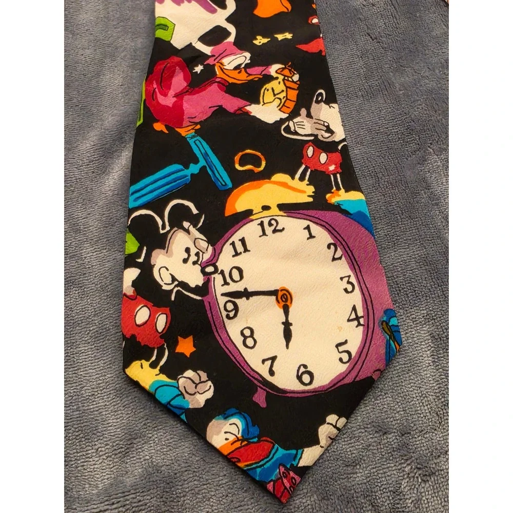 Vintage Disney Mickey Mouse Donald Duck Goofy Silk Tie Black Morning Routine